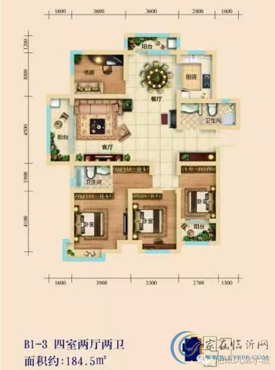 鳳凰水城 B1-3戶型184.5㎡四室兩廳兩衛(wèi)